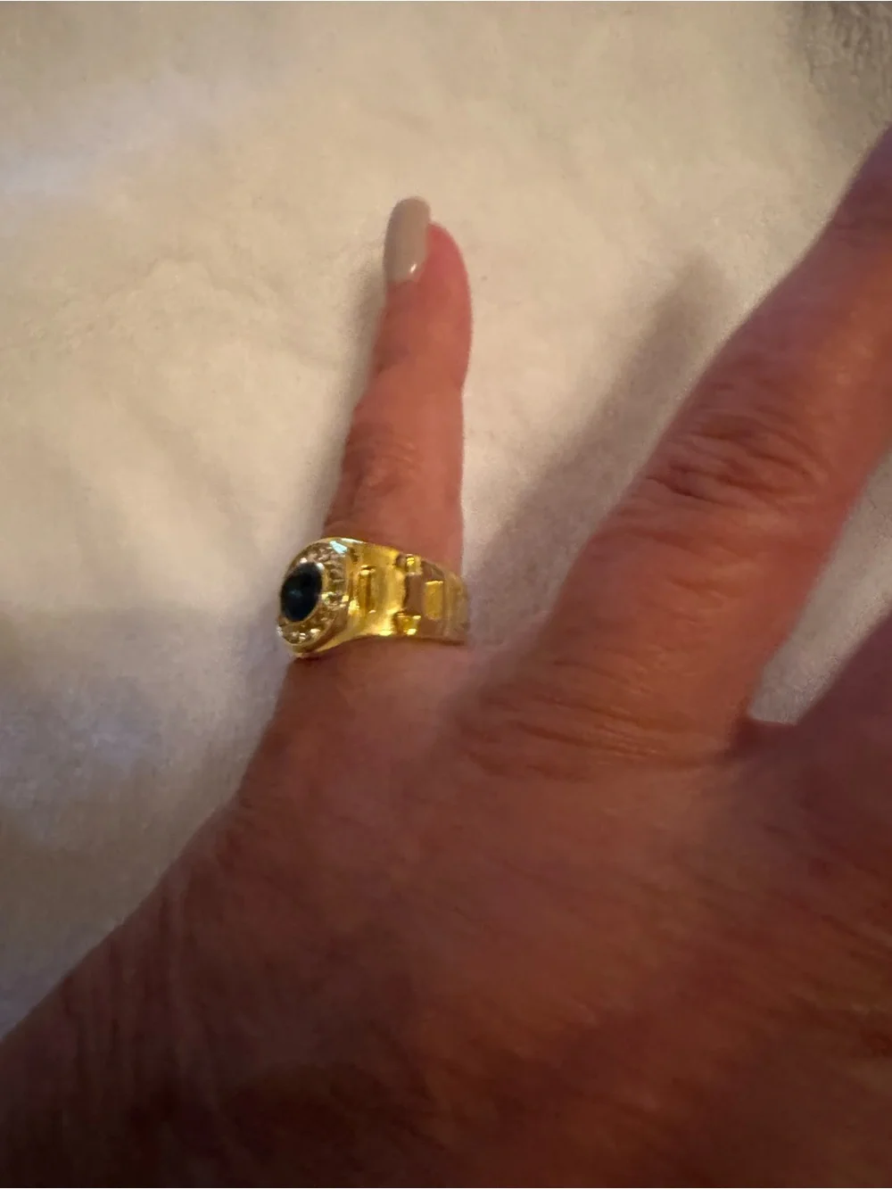 Gold-Tone Men’s Ring with Dark Blue Center and Crystal Halo